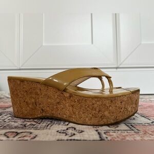 Jimmy Choo Glossy Tan Patent Leather Cork Platform Wedge Sandals